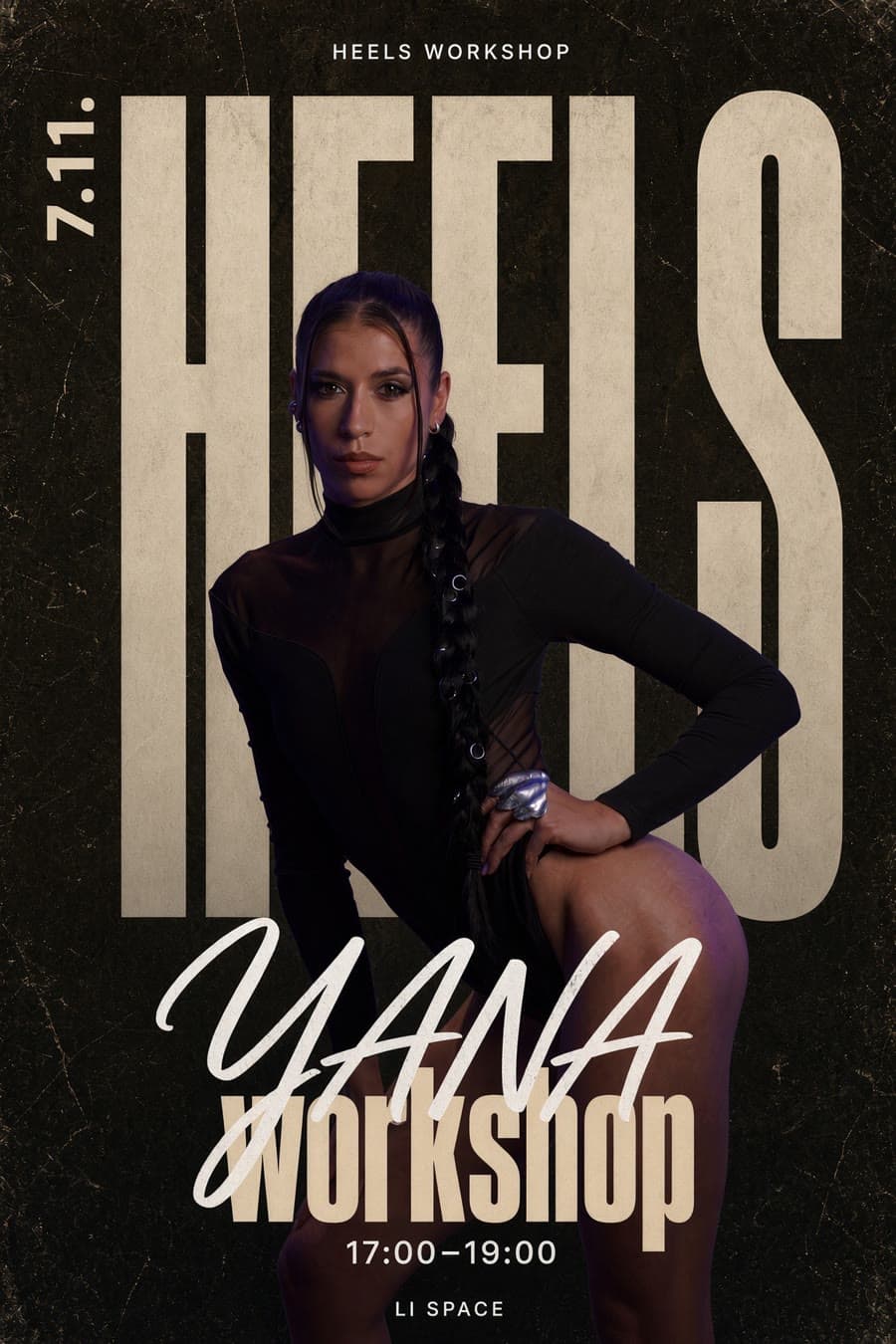 Poster for Yana's heels workshop, 7 November, 17:00–19:00